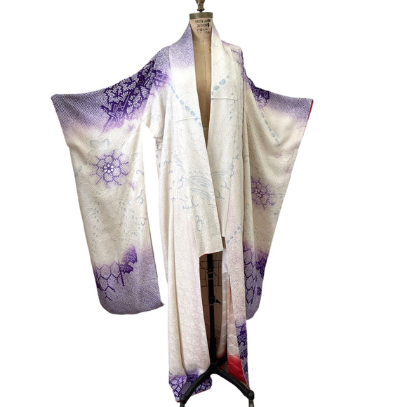 Japanese Silk Furisode Kimono Pure Silk Hand-Paint Ombre Plum Texture One‎ Size - Picture 2 of 9
